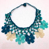 Blue Beige Turqoise Choker Necklace with Crocheted Flower Oya and Turquoise Stones