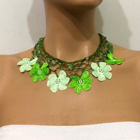 Green Choker Necklace with Crocheted Flower Oya  botanical  chartreuse green