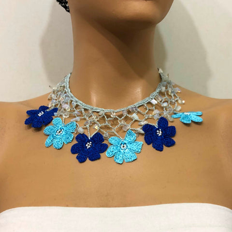 Blue Choker Necklace with Crocheted Flower Oya