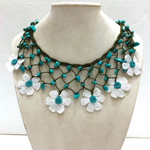 White Choker Necklace with Crocheted Flower Oya and Turquoise stone