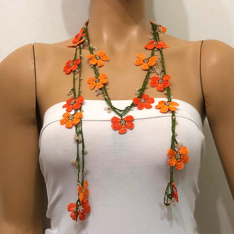 Bright Orange Crochet beaded flower lariat necklace with beads - Crochet Accessory - Turkish Crochet Oya - OYA Turkish Crochet Lace - Crochet Jewelry