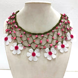 White Choker Necklace with Crocheted Flower Oya and pink stone