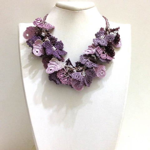 Lilac,Purple, Pink Lavender Bouquet Necklace - Turkish Crochet Lace Necklace