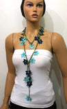 Turquoise and Dark Blue Crochet beaded flower lariat necklace with beads - Crochet Accessory - Turkish Crochet Oya - OYA Turkish Crochet Lace - Crochet Jewelry