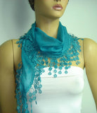 Teal Blue fringed edge scarf - Scarf with Lace Fringe