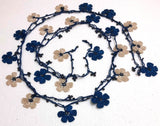 Blue and beige Crochet beaded flower lariat necklace with beads - Crochet Accessory - Turkish Crochet Oya - OYA Turkish Crochet Lace - Crochet Jewelry