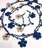 Blue and beige Crochet beaded flower lariat necklace with beads - Crochet Accessory - Turkish Crochet Oya - OYA Turkish Crochet Lace - Crochet Jewelry