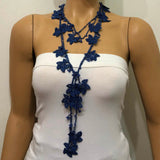 Royal Blue Crochet beaded flower lariat necklace with beads - Crochet Accessory - Turkish Crochet Oya - OYA Turkish Crochet Lace - Crochet Jewelry