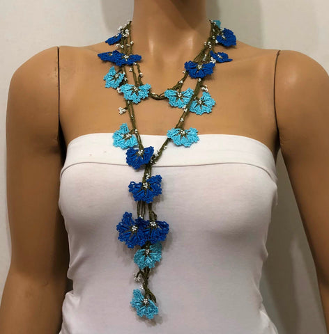 Turquoise and Lapis Blue Crochet beaded flower lariat necklace with beads - Crochet Accessory - Turkish Crochet Oya - OYA Turkish Crochet Lace - Crochet Jewelry
