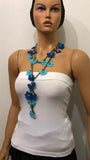 Turquoise and Lapis Blue Crochet beaded flower lariat necklace with beads - Crochet Accessory - Turkish Crochet Oya - OYA Turkish Crochet Lace - Crochet Jewelry