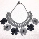 Grey and Charcoal Choker Necklace with Crocheted Flower Oya - Very Light