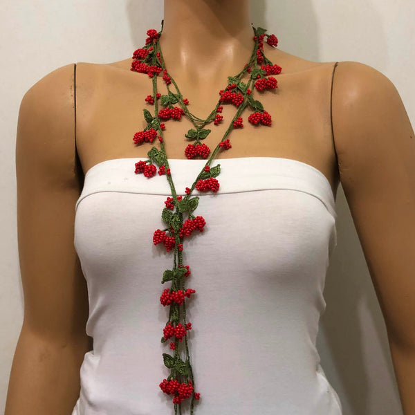 CORAL Red Crochet berries cherry bead oya Lariat Necklace - Red Croche –  istanbulOYA