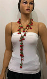 CORAL Red Crochet berries cherry bead oya Lariat Necklace - Red Crocheted Necklace