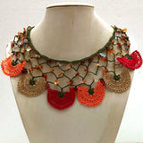 Red, Beige and Orange Choker Necklace with Crocheted Flower and semi precious Stones