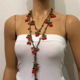 CORAL Orange Crochet berries cherry bead oya Lariat Necklace - Red Crocheted Necklace