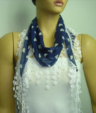 Navy with white Hearts printed and WHITE fringed edge scarf - Scarf with Lace Fringe