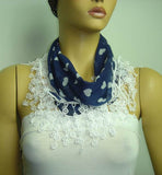 Navy with white Hearts printed and WHITE fringed edge scarf - Scarf with Lace Fringe