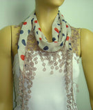 Taupe with Red and Navy polka dot printed and Taupe fringed edge scarf - Beige Scarf with Lace Fringe