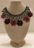 Plum and Pink Choker Necklace with Crocheted Flower and semi precious Turquoise Stones