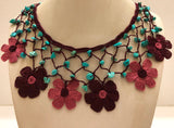 Plum and Pink Choker Necklace with Crocheted Flower and semi precious Turquoise Stones