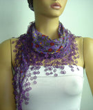 Purple with red flowers printed and PURPLE fringed edge scarf - Scarf with Lace Fringe