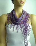 Purple with red flowers printed and PURPLE fringed edge scarf - Scarf with Lace Fringe
