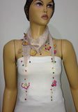 NUDE Pink cotton scarf with handmade multi color oya flowers - Powder pink Scarf