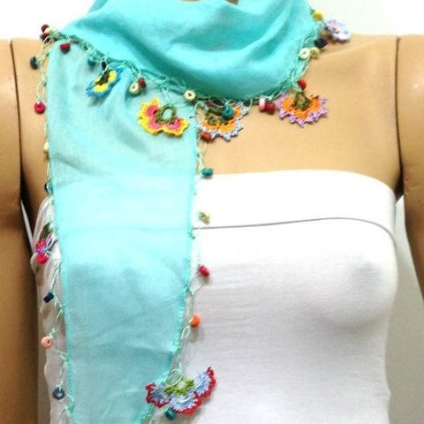 Crocheted Ice blue scarf with handmade multi color oya flowers - AQUA Green Scarf