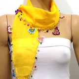 YELLOW Cotton Scarf with Crocheted flowers and multicolor beads