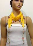 YELLOW Cotton Scarf with Crocheted flowers and multicolor beads