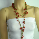 RED Strawberry Lariat Necklace - Red Crocheted Necklace