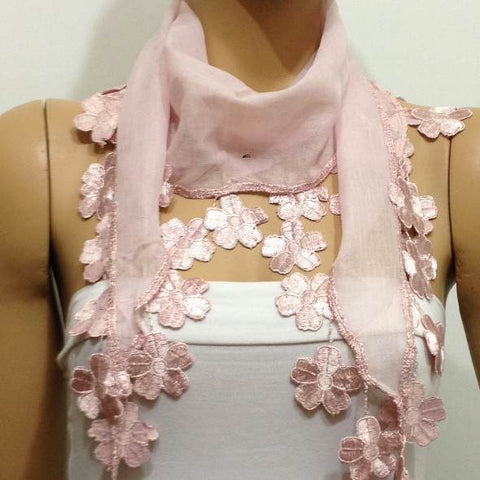 Light PINK cotton scarf with flower lace fringe - Pink Blush scarf - NEW Spring 2015 Scarf