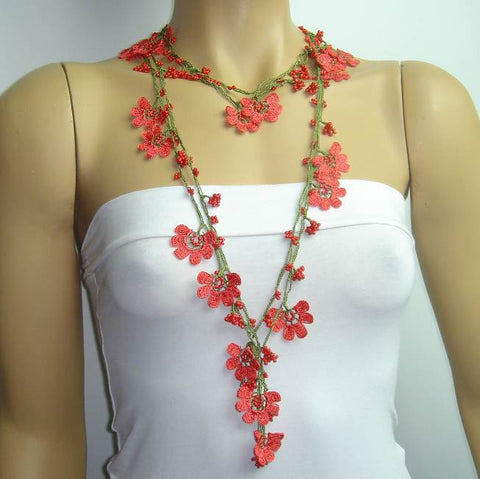 OYA WHOLESALE - Coral RED Crochet beaded flower lariat necklace