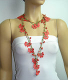 OYA WHOLESALE - Coral RED Crochet beaded flower lariat necklace
