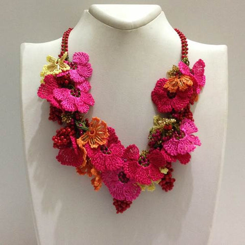 Pomagranate RED and HOT PINK Bouquet Necklace - Crochet OYA Lace Necklace