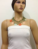 Salmon Pink, Burnt Orange and Green Choker Necklace with Crocheted Flower and semi precious JADE Stones