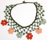 Salmon Pink, Burnt Orange and Green Choker Necklace with Crocheted Flower and semi precious JADE Stones