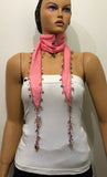 Pink Beaded Scarf Necklace - Handmade Crocheted Beaded Scarf -  bandana