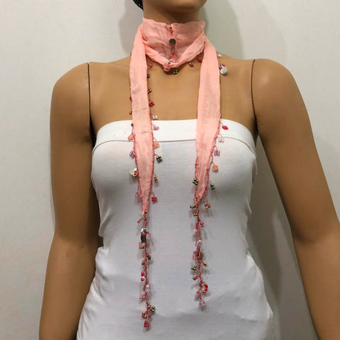 Light Pink Beaded Scarf Necklace - Handmade Crocheted Beaded Scarf - Salmon Pink scarf bandana