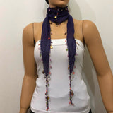 Purple Beaded Oya  Scarf Necklace - Handmade Crocheted -  bandana