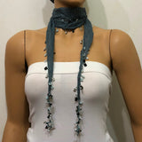 Grey Beaded Oya  Scarf Necklace - Handmade Crocheted -  gray bandana