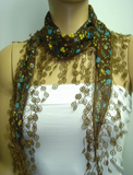 Cotton Scarf blue flowers printed and brown lace fringe