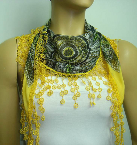 Oriental design scarf with yellow lace fringe