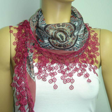 Oriental design scarf with Sour Cherry color lace fringe