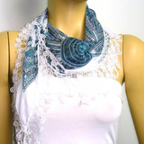 BLUE Geometric designed Scarf - SUN motif scarf with white lace fringe