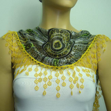 Oriental design scarf with yellow lace fringe